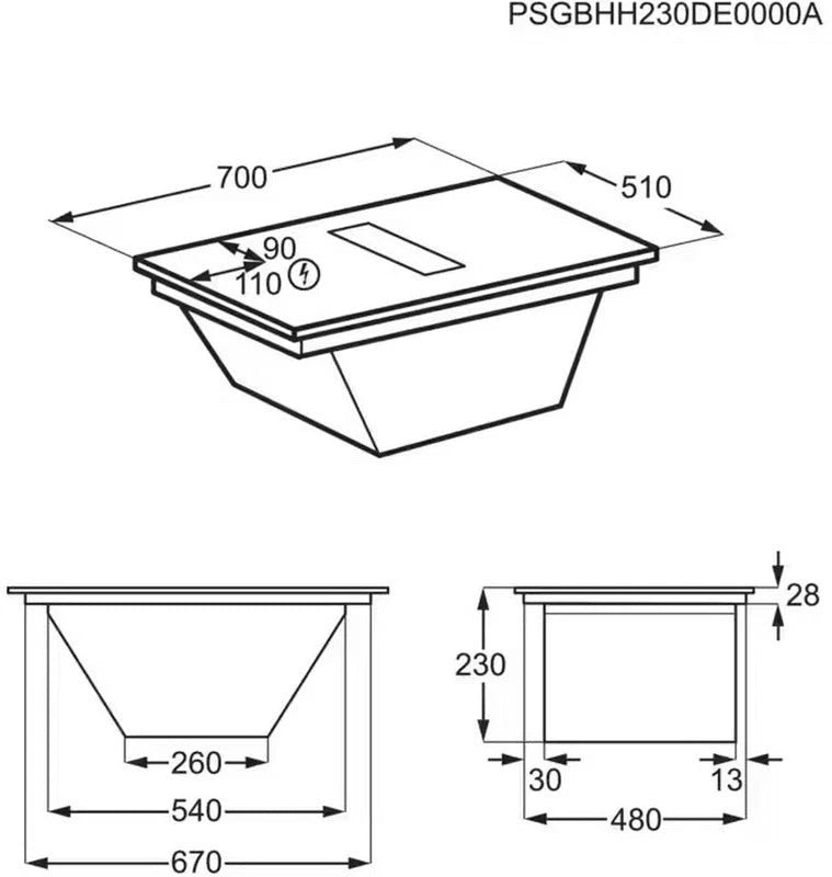 AEG TCH74B01CB 68cm 4 Zone Induction Hob with Integrated Venting Hood in Black from HomeWise Appliances. Stock photo installation diagram with sizes.