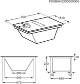 AEG TCH74B01CB 68cm 4 Zone Induction Hob with Integrated Venting Hood in Black from HomeWise Appliances. Stock photo installation diagram with sizes.